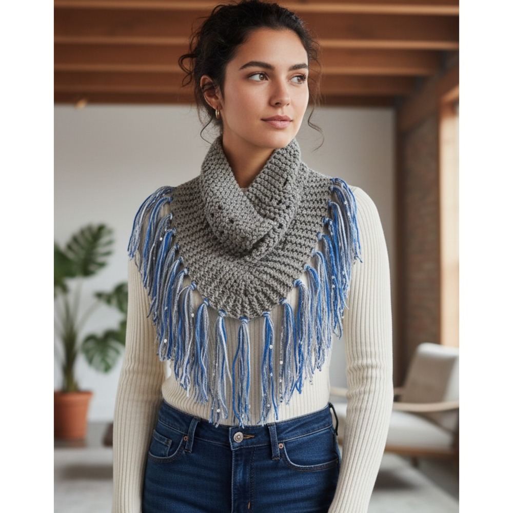 NEW‎ Cowl Scarf Fringe Hand Knitted Gray Blue Eyelet Boho Cottage Coastal Artsy